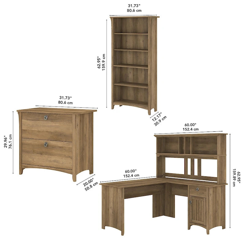 Bureau d'angle en L de 152 cm avec huche, armoire et bibliothèque, poste de travail de bureau à domicile