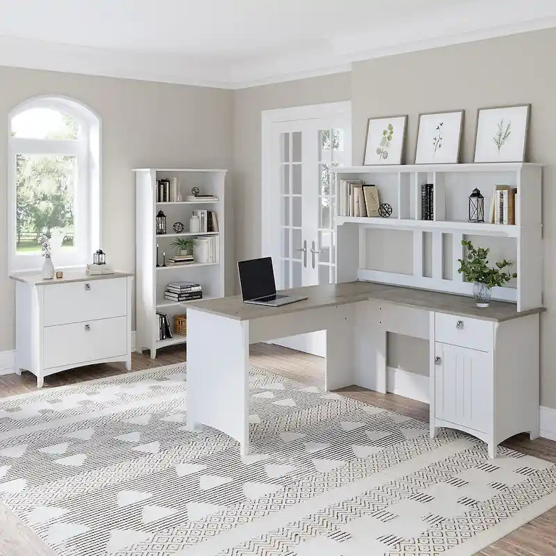 Bureau d'angle en L de 152 cm avec huche, armoire et bibliothèque, poste de travail de bureau à domicile