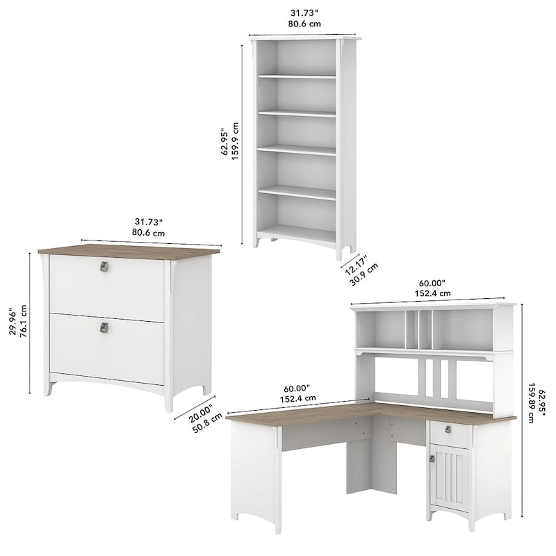 Bureau d'angle en L de 152 cm avec huche, armoire et bibliothèque, poste de travail de bureau à domicile