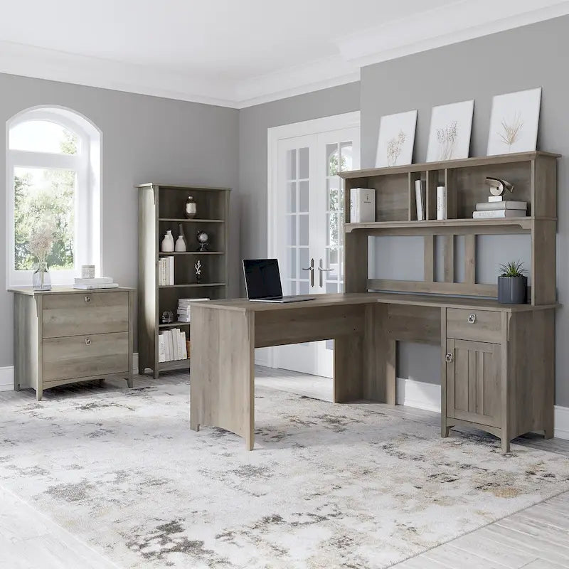 Bureau d'angle en L de 152 cm avec huche, armoire et bibliothèque, poste de travail de bureau à domicile