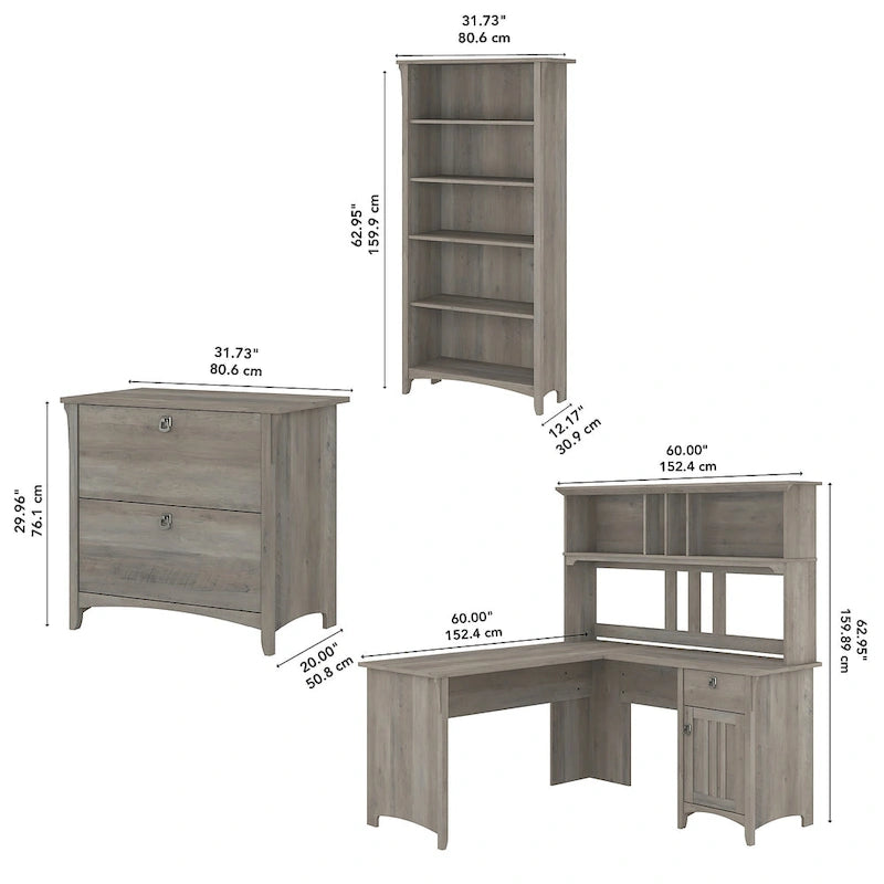 Bureau d'angle en L de 152 cm avec huche, armoire et bibliothèque, poste de travail de bureau à domicile