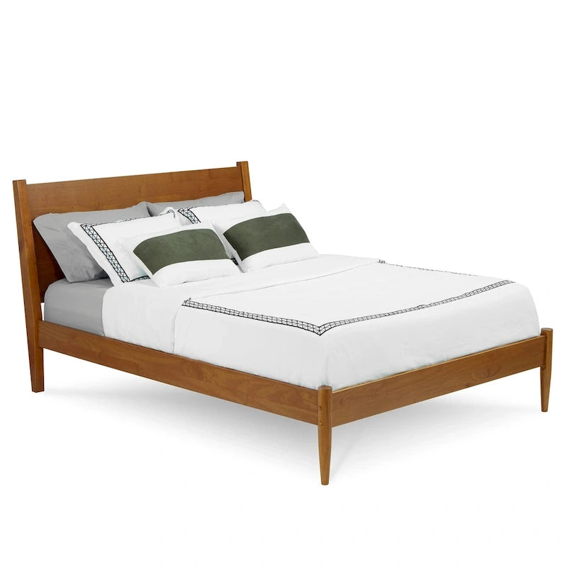 Lit plateforme en bois massif de taille Queen, style Mid-Century