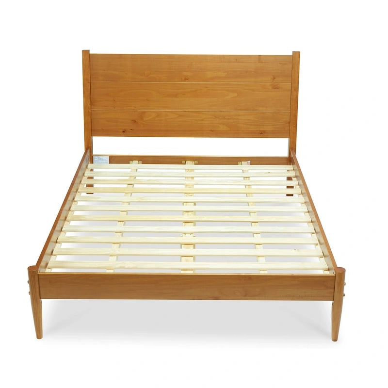 Lit plateforme en bois massif de taille Queen, style Mid-Century