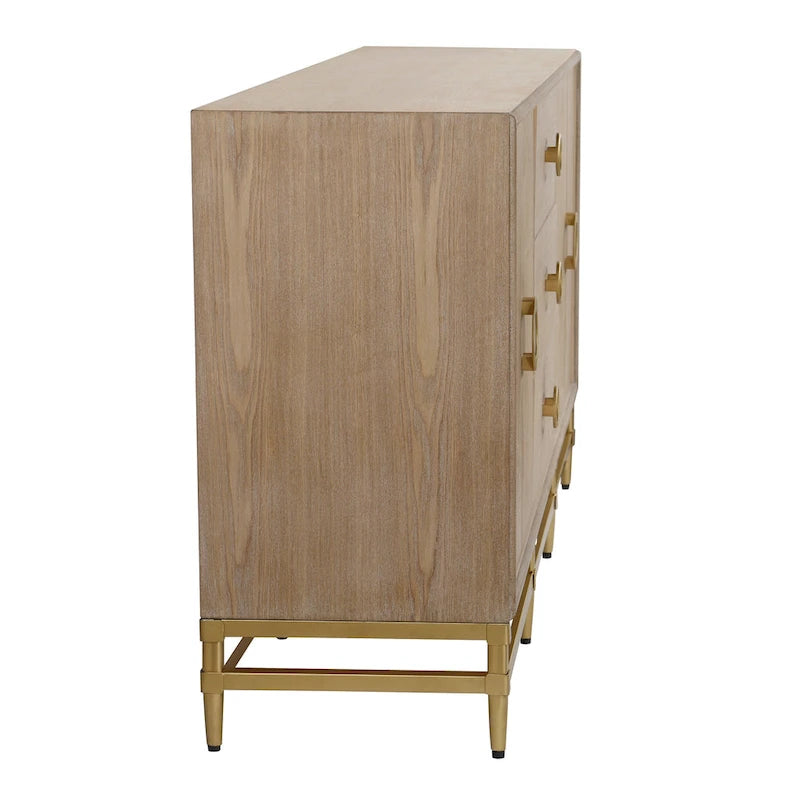 Buffet 4 portes 3 tiroirs finition Chêne patiné, cadre en métal doré, pour salle à manger