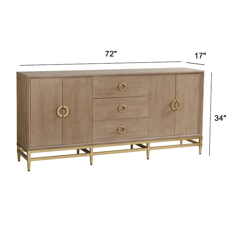 Buffet 4 portes 3 tiroirs finition Chêne patiné, cadre en métal doré, pour salle à manger