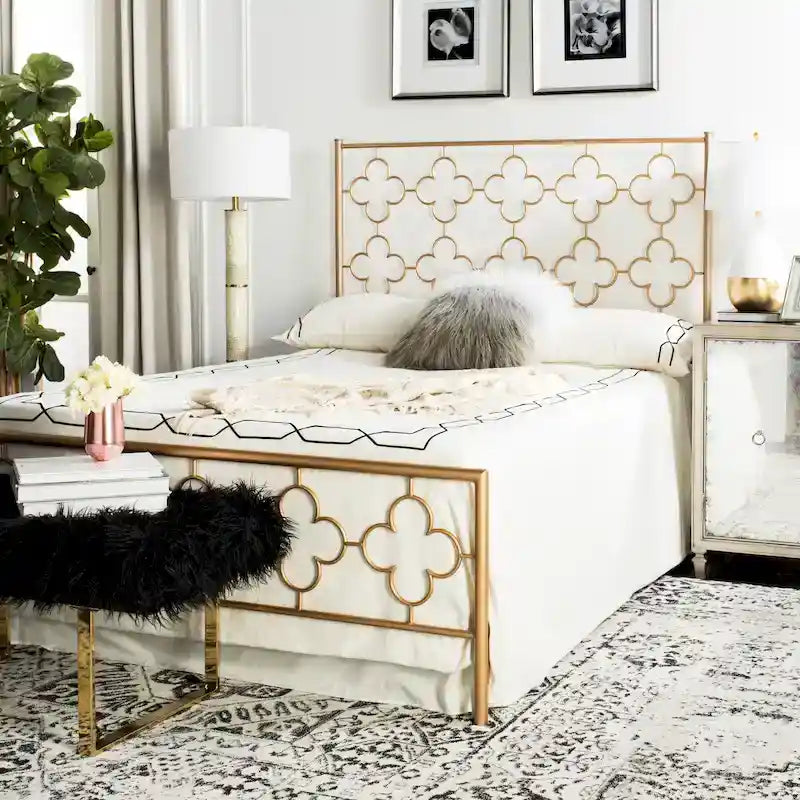 Cadre de lit en métal à treillis avec tête et pied de lit décoratifs, lit plateforme de style vintage