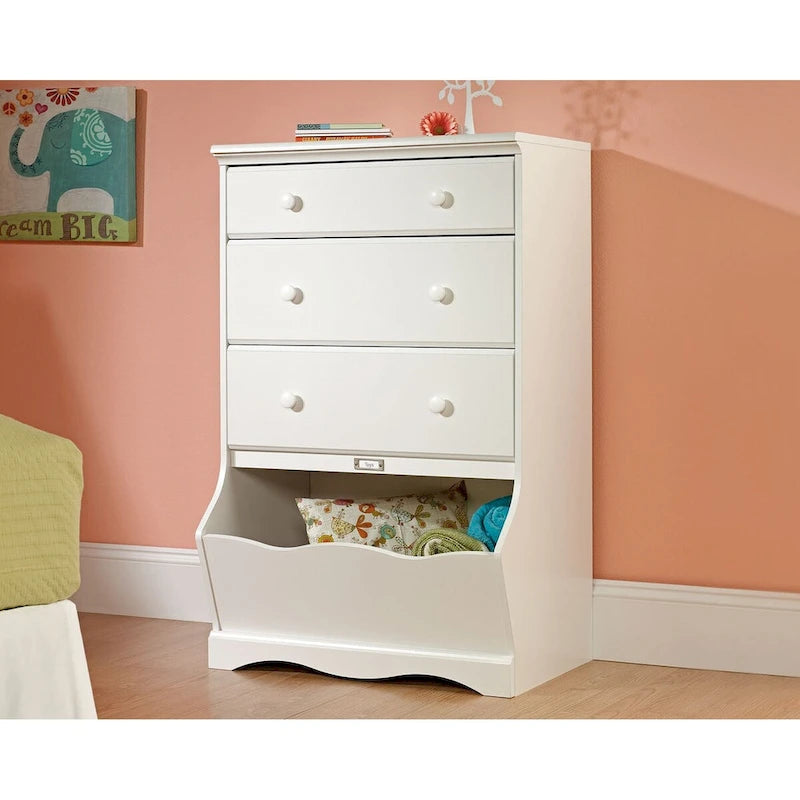 Commode enfant à 3 tiroirs avec bac de rangement et bouton en bois, commode de chambre d'enfant blanche douce