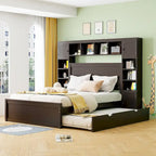 Cadre de lit en bois Queen Size avec armoire intégrée tout-en-un et tête de lit de rangement