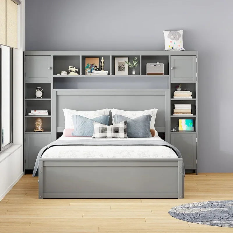 Cadre de lit en bois Queen Size avec armoire intégrée tout-en-un et tête de lit de rangement