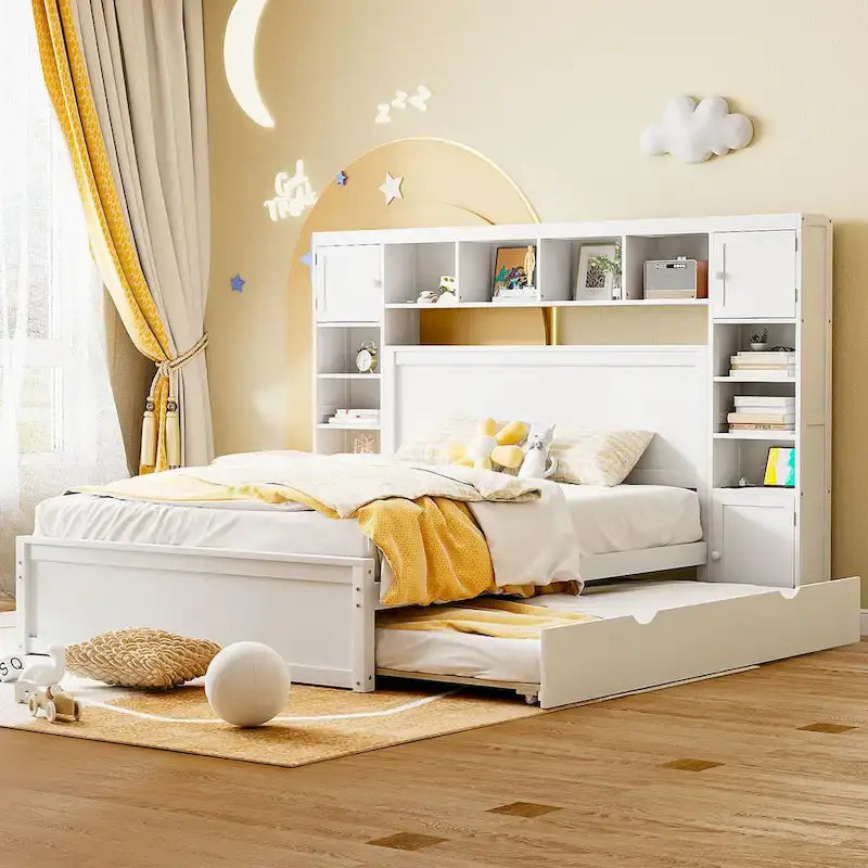 Cadre de lit en bois Queen Size avec armoire intégrée tout-en-un et tête de lit de rangement
