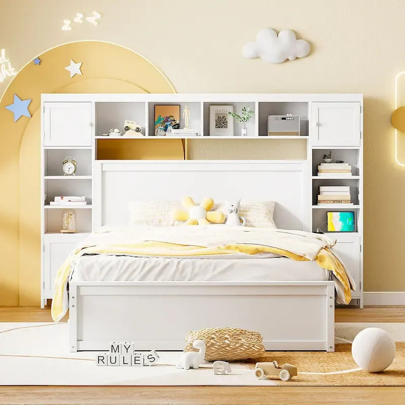 Cadre de lit en bois Queen Size avec armoire intégrée tout-en-un et tête de lit de rangement