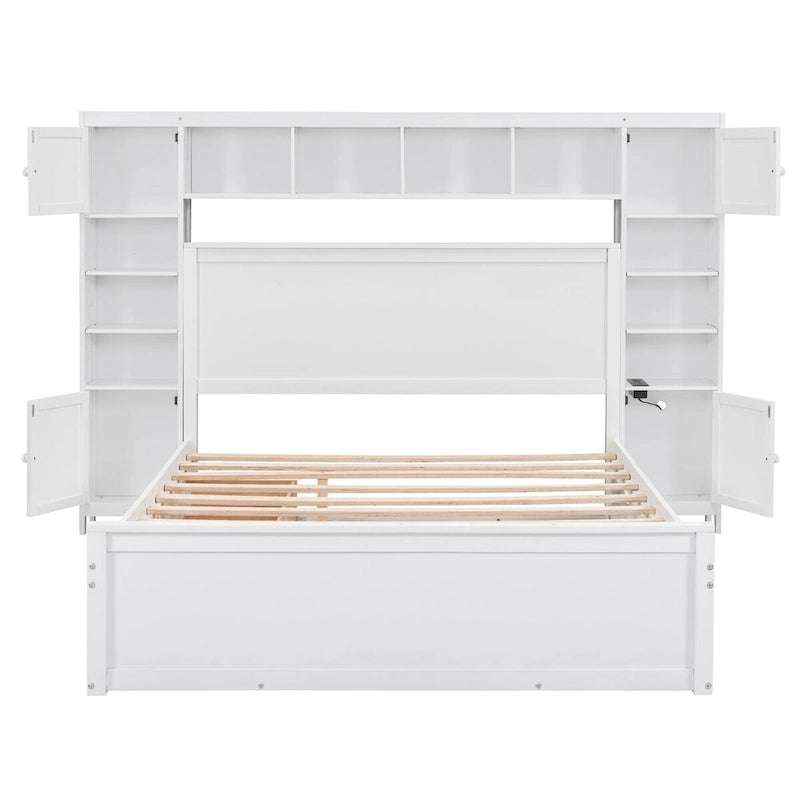 Cadre de lit en bois Queen Size avec armoire intégrée tout-en-un et tête de lit de rangement
