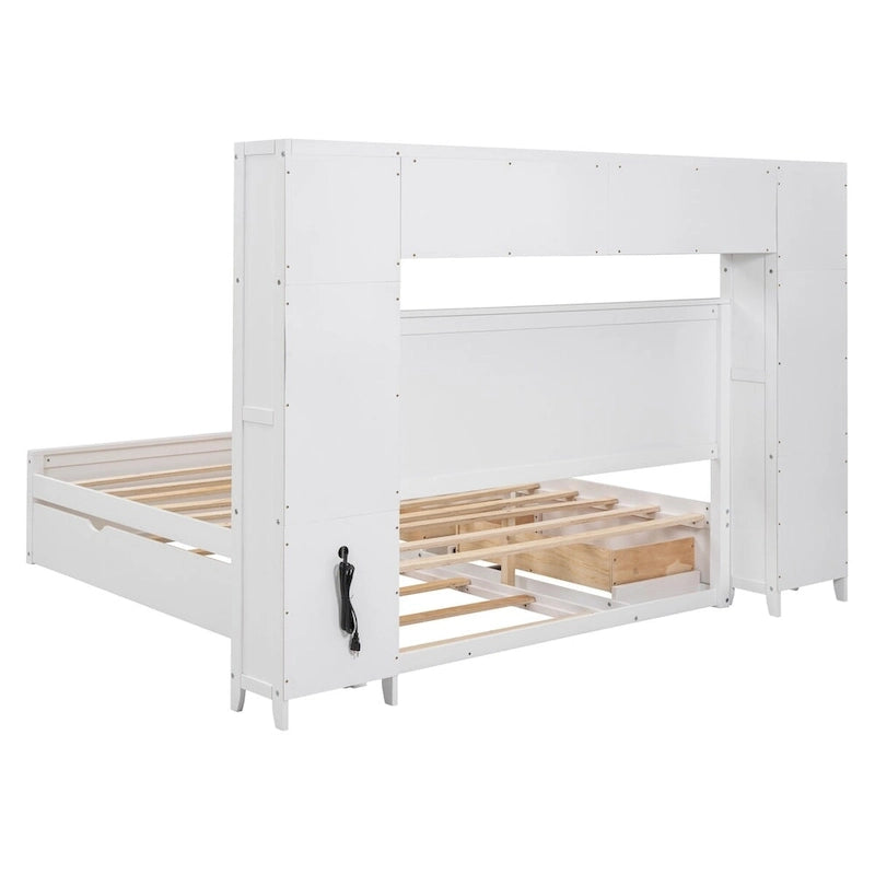 Cadre de lit en bois Queen Size avec armoire intégrée tout-en-un et tête de lit de rangement
