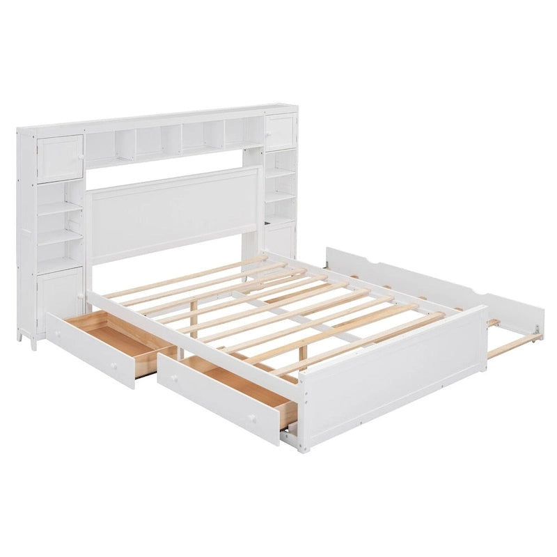 Cadre de lit en bois Queen Size avec armoire intégrée tout-en-un et tête de lit de rangement