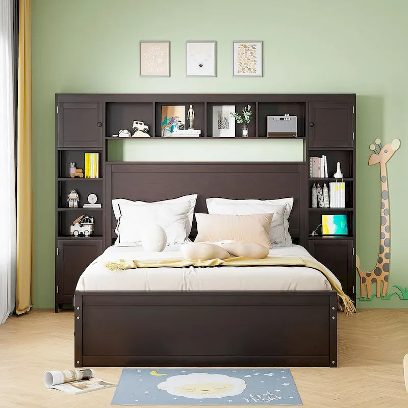 Cadre de lit en bois Queen Size avec armoire intégrée tout-en-un et tête de lit de rangement