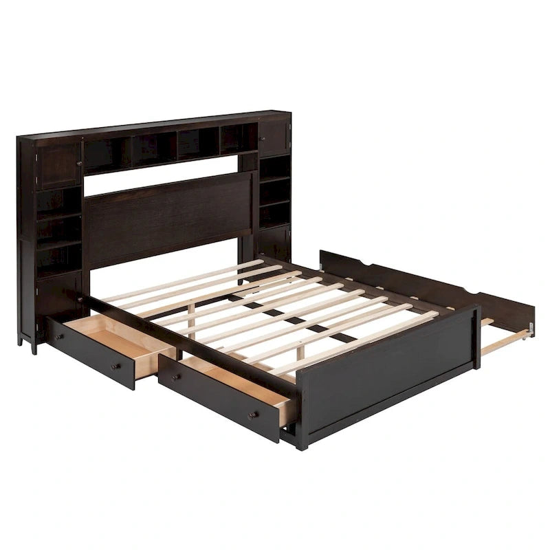 Cadre de lit en bois Queen Size avec armoire intégrée tout-en-un et tête de lit de rangement