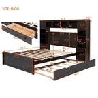 Cadre de lit en bois Queen Size avec armoire intégrée tout-en-un et tête de lit de rangement