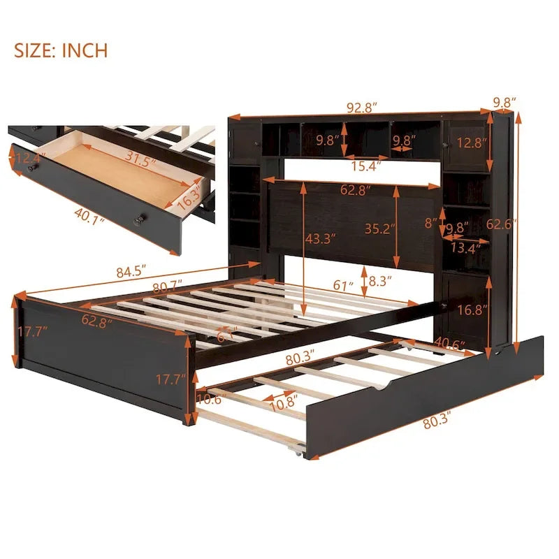 Cadre de lit en bois Queen Size avec armoire intégrée tout-en-un et tête de lit de rangement