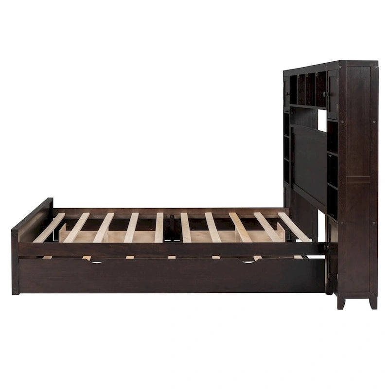 Cadre de lit en bois Queen Size avec armoire intégrée tout-en-un et tête de lit de rangement