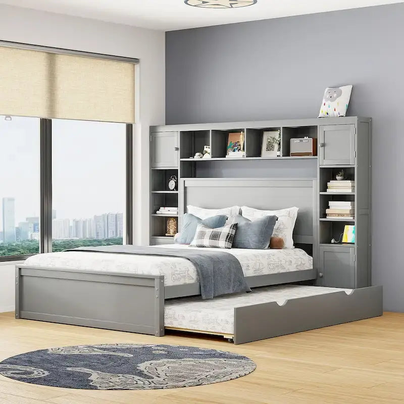 Cadre de lit en bois Queen Size avec armoire intégrée tout-en-un et tête de lit de rangement