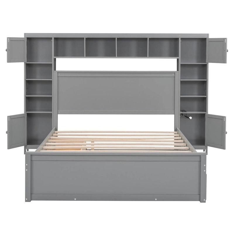 Cadre de lit en bois Queen Size avec armoire intégrée tout-en-un et tête de lit de rangement