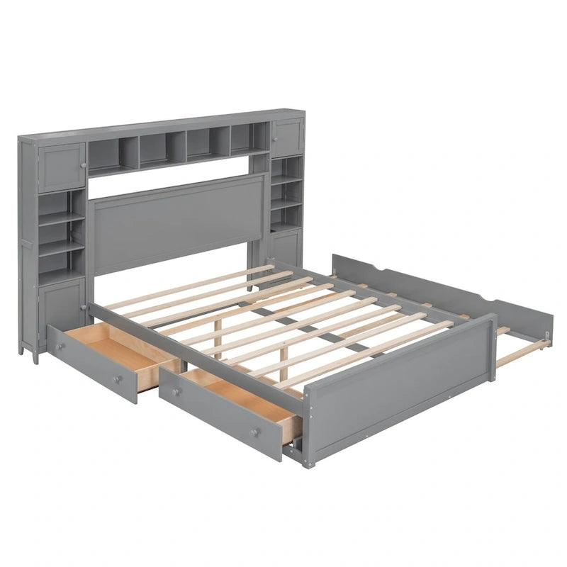 Cadre de lit en bois Queen Size avec armoire intégrée tout-en-un et tête de lit de rangement