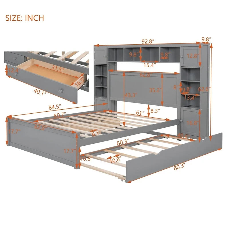Cadre de lit en bois Queen Size avec armoire intégrée tout-en-un et tête de lit de rangement