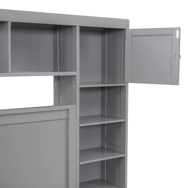 Cadre de lit en bois Queen Size avec armoire intégrée tout-en-un et tête de lit de rangement