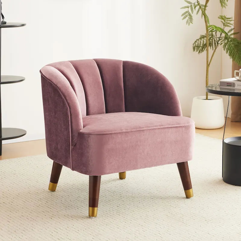 Fauteuil Club Mid-Century Modern avec surpiqûres horizontales et pieds évasés en hévéa, velours ou bouclé