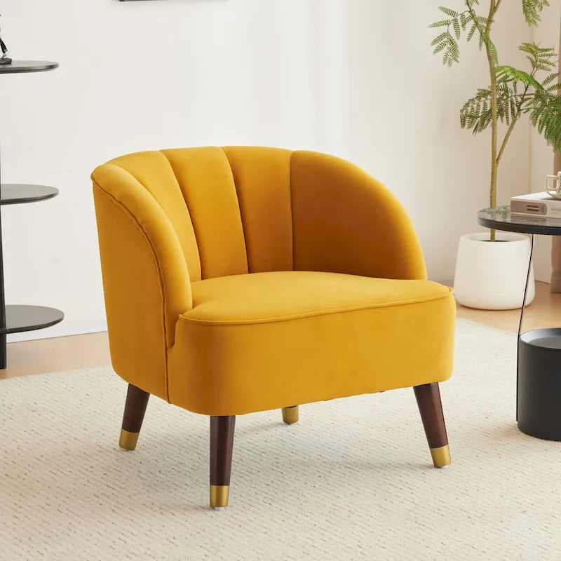 Fauteuil Club Mid-Century Modern avec surpiqûres horizontales et pieds évasés en hévéa, velours ou bouclé