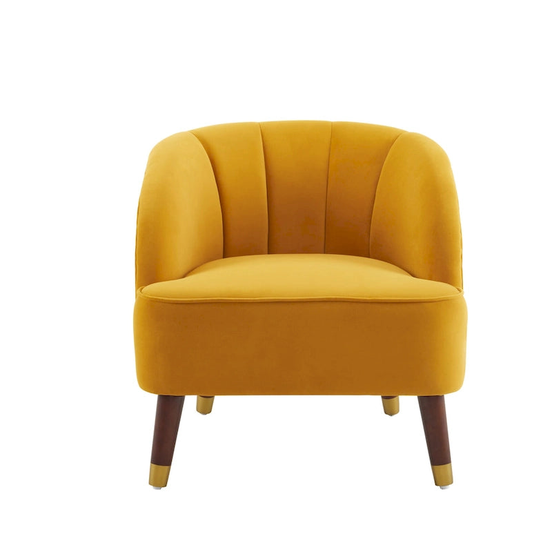 Fauteuil Club Mid-Century Modern avec surpiqûres horizontales et pieds évasés en hévéa, velours ou bouclé
