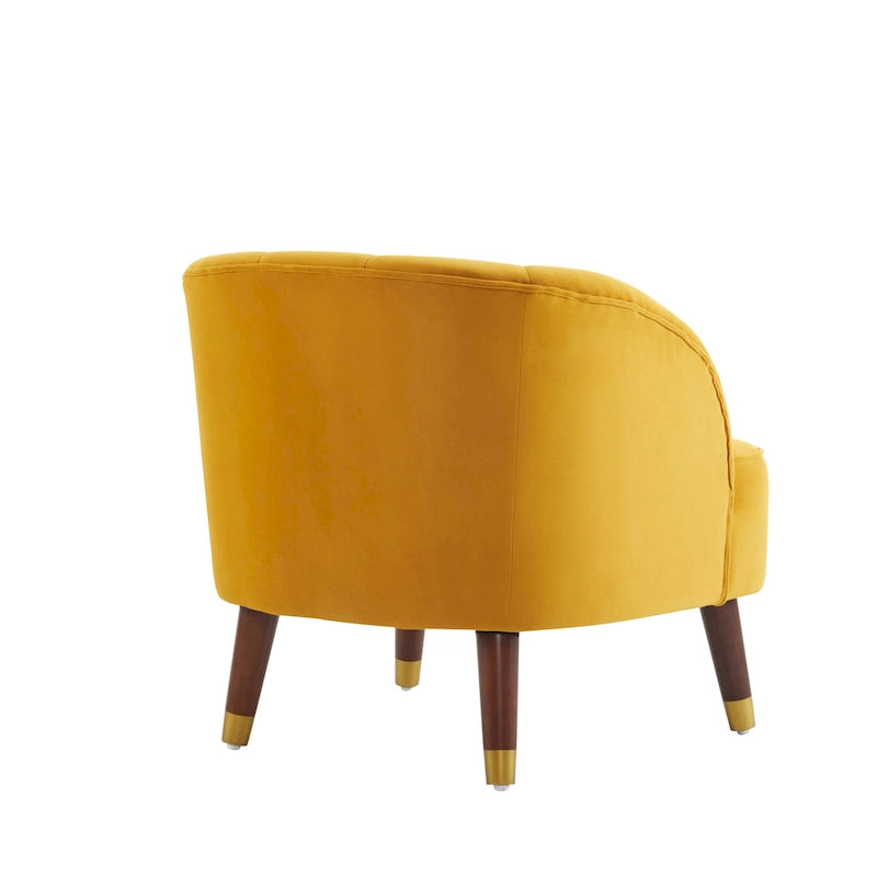 Fauteuil Club Mid-Century Modern avec surpiqûres horizontales et pieds évasés en hévéa, velours ou bouclé