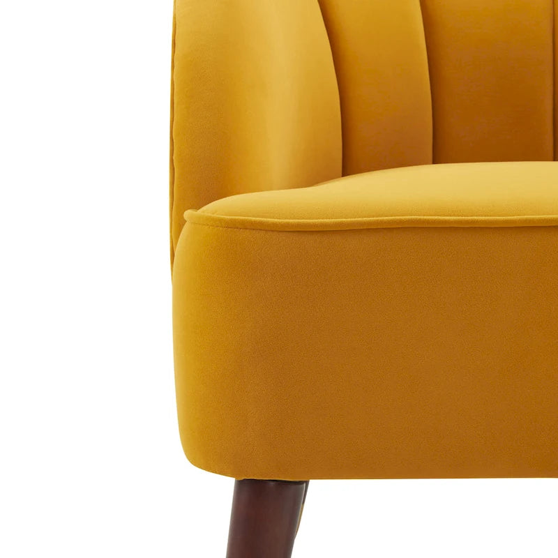 Fauteuil Club Mid-Century Modern avec surpiqûres horizontales et pieds évasés en hévéa, velours ou bouclé