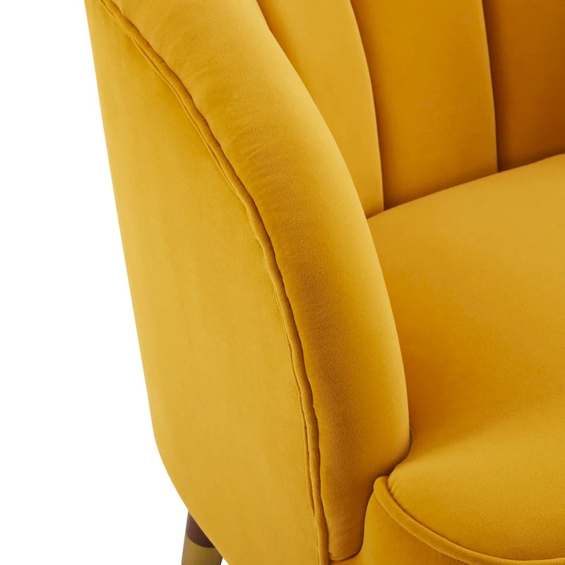 Fauteuil Club Mid-Century Modern avec surpiqûres horizontales et pieds évasés en hévéa, velours ou bouclé