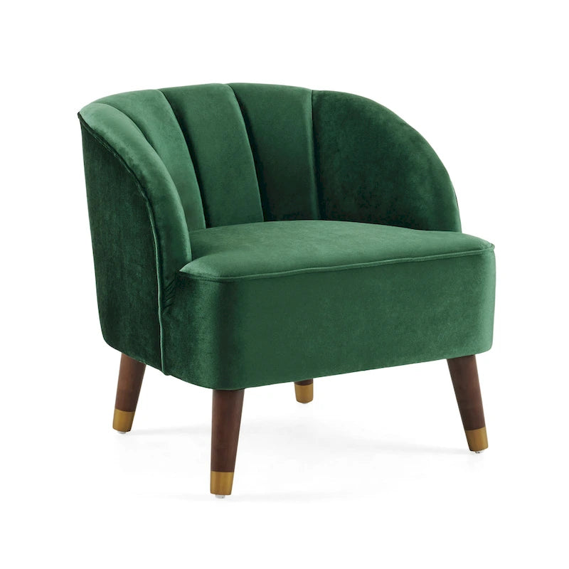 Fauteuil Club Mid-Century Modern avec surpiqûres horizontales et pieds évasés en hévéa, velours ou bouclé