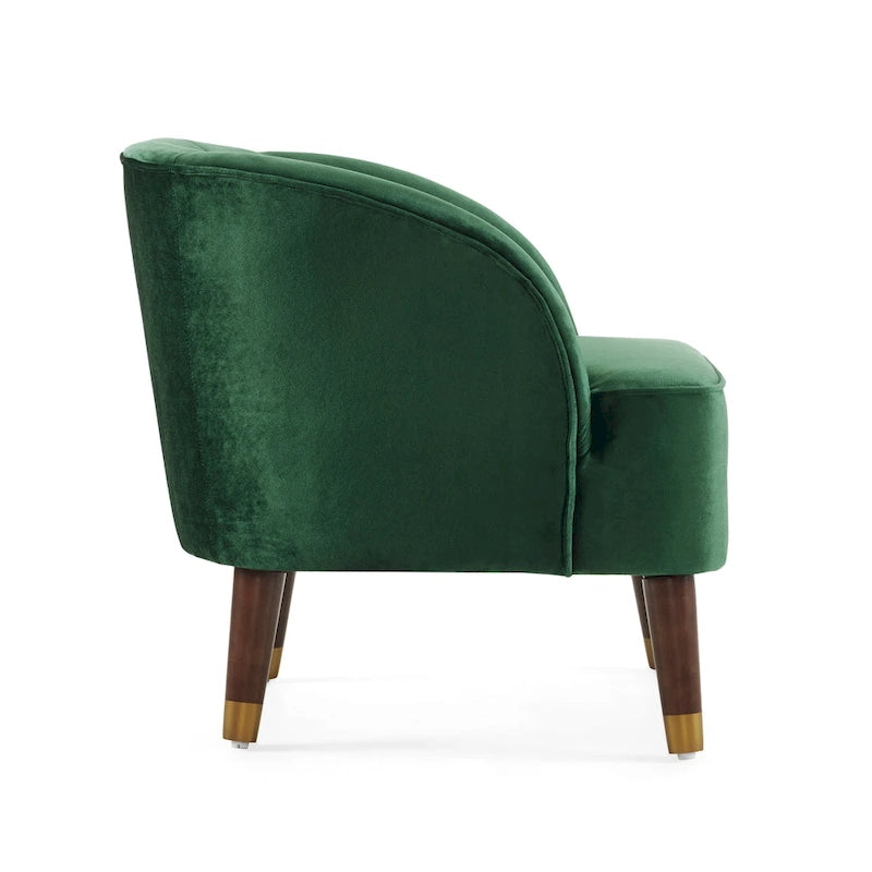 Fauteuil Club Mid-Century Modern avec surpiqûres horizontales et pieds évasés en hévéa, velours ou bouclé