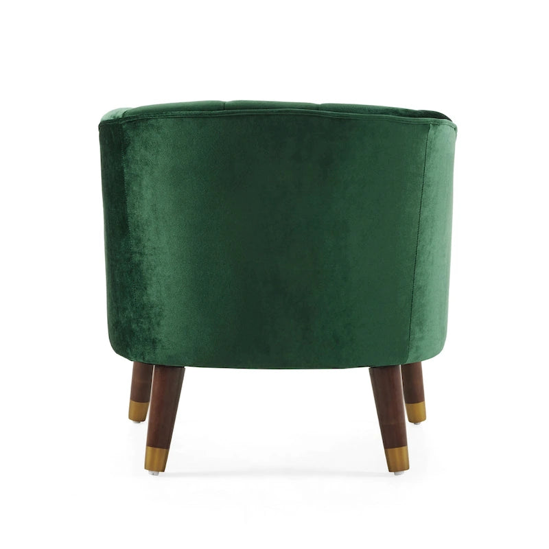 Fauteuil Club Mid-Century Modern avec surpiqûres horizontales et pieds évasés en hévéa, velours ou bouclé