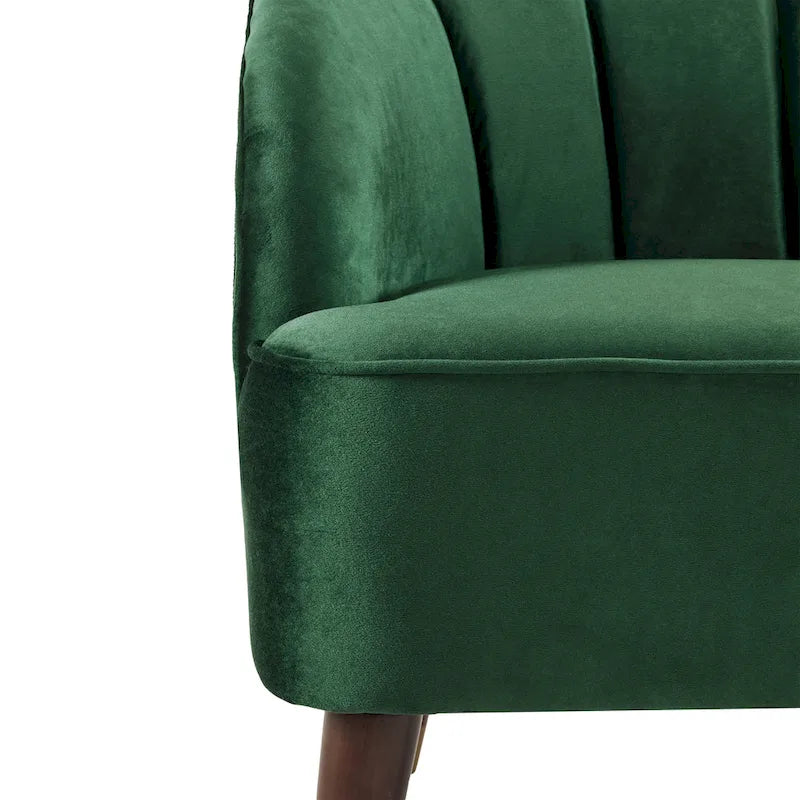 Fauteuil Club Mid-Century Modern avec surpiqûres horizontales et pieds évasés en hévéa, velours ou bouclé