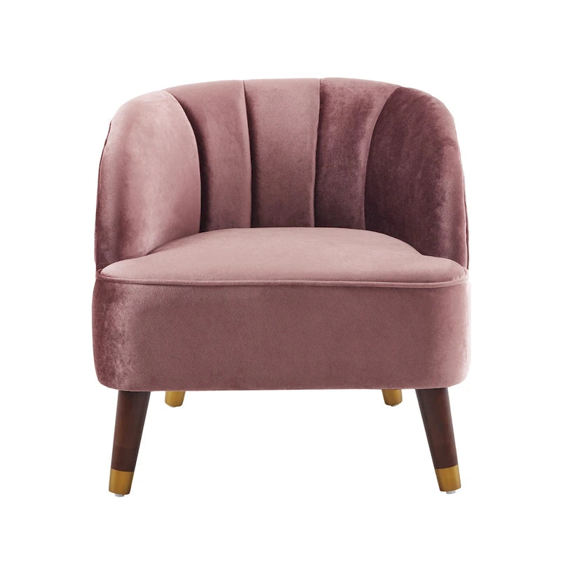 Fauteuil Club Mid-Century Modern avec surpiqûres horizontales et pieds évasés en hévéa, velours ou bouclé