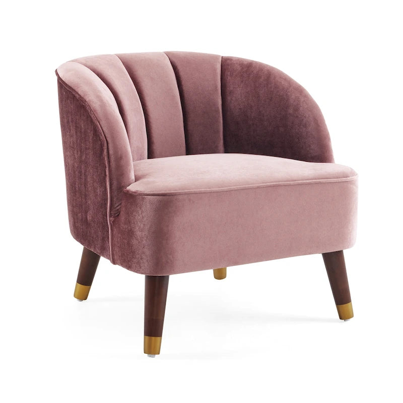 Fauteuil Club Mid-Century Modern avec surpiqûres horizontales et pieds évasés en hévéa, velours ou bouclé