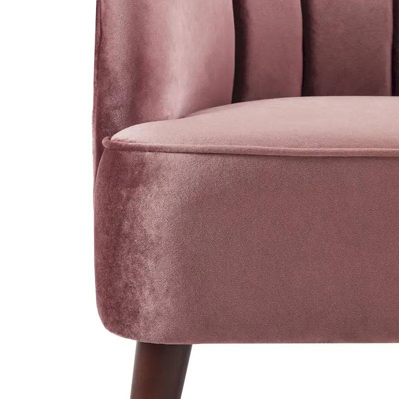 Fauteuil Club Mid-Century Modern avec surpiqûres horizontales et pieds évasés en hévéa, velours ou bouclé