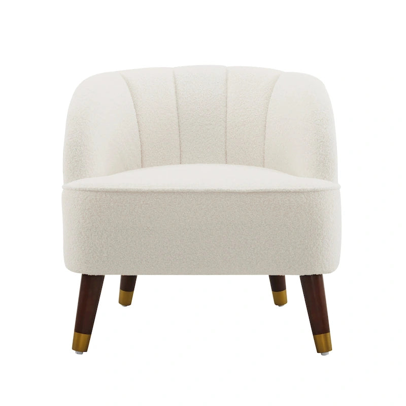 Fauteuil Club Mid-Century Modern avec surpiqûres horizontales et pieds évasés en hévéa, velours ou bouclé