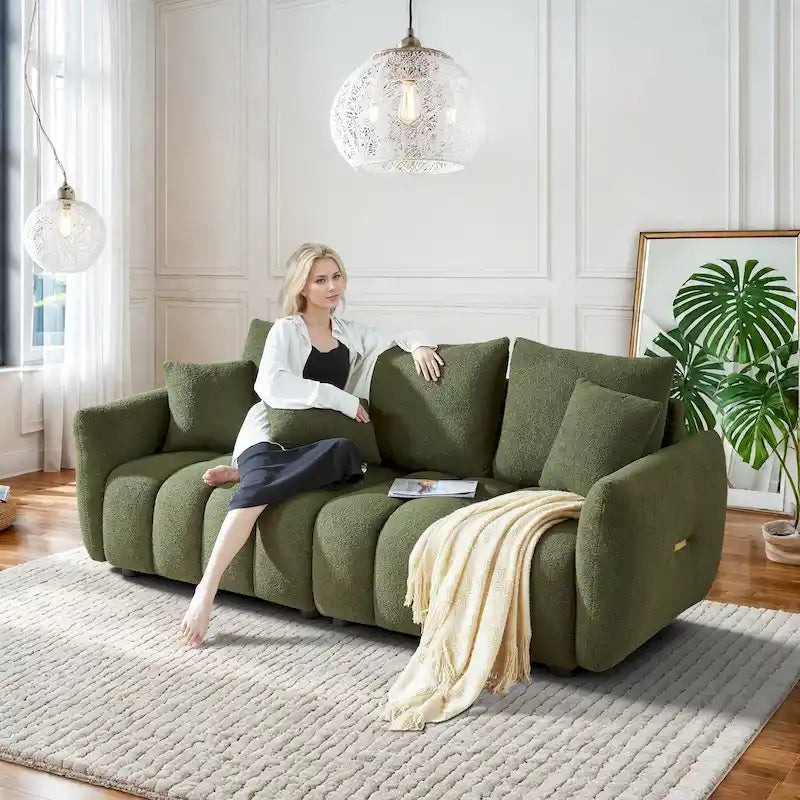 Canapé profond en tissu surchargé avec 3 coussins décoratifs, canapé de salon rembourré en peluche