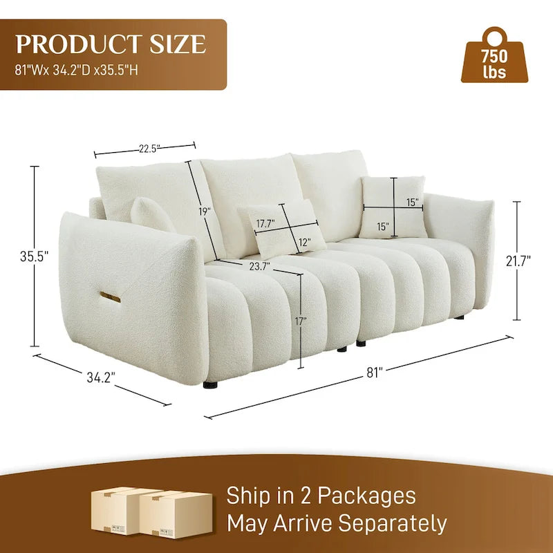 Canapé profond en tissu surchargé avec 3 coussins décoratifs, canapé de salon rembourré en peluche