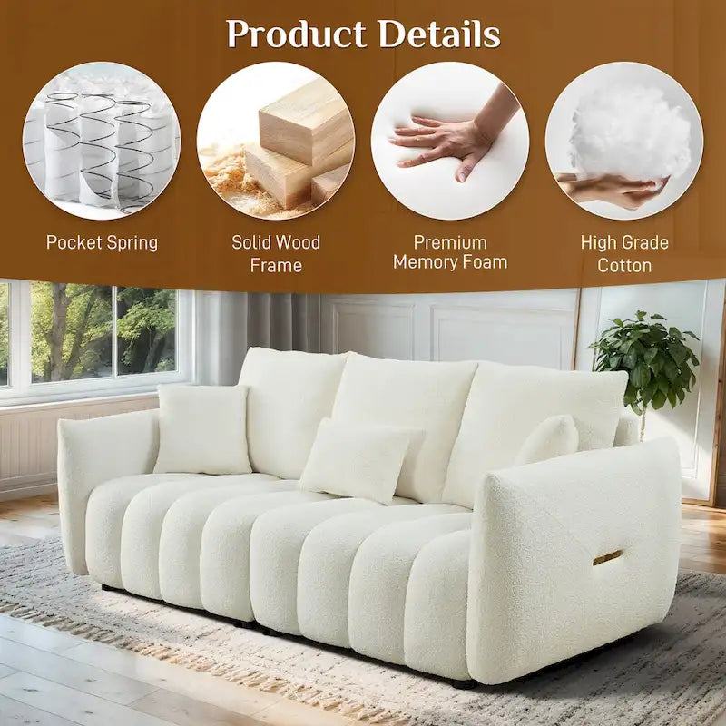 Canapé profond en tissu surchargé avec 3 coussins décoratifs, canapé de salon rembourré en peluche
