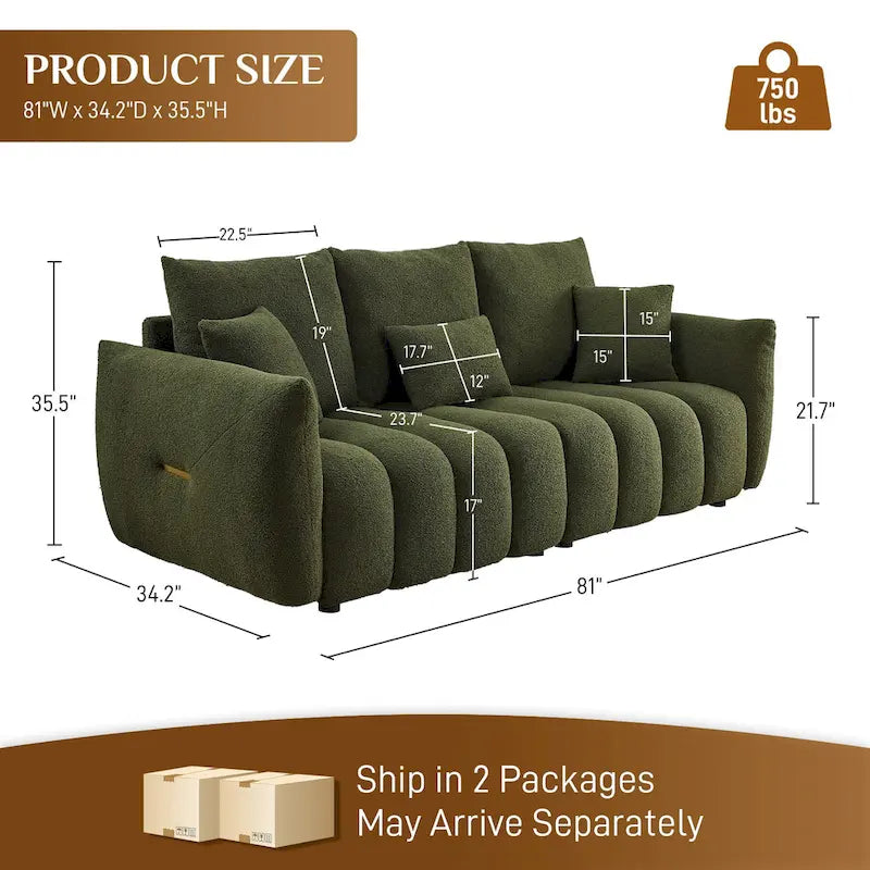 Canapé profond en tissu surchargé avec 3 coussins décoratifs, canapé de salon rembourré en peluche