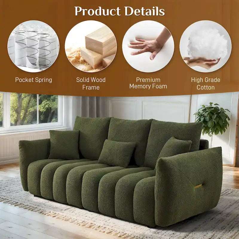 Canapé profond en tissu surchargé avec 3 coussins décoratifs, canapé de salon rembourré en peluche