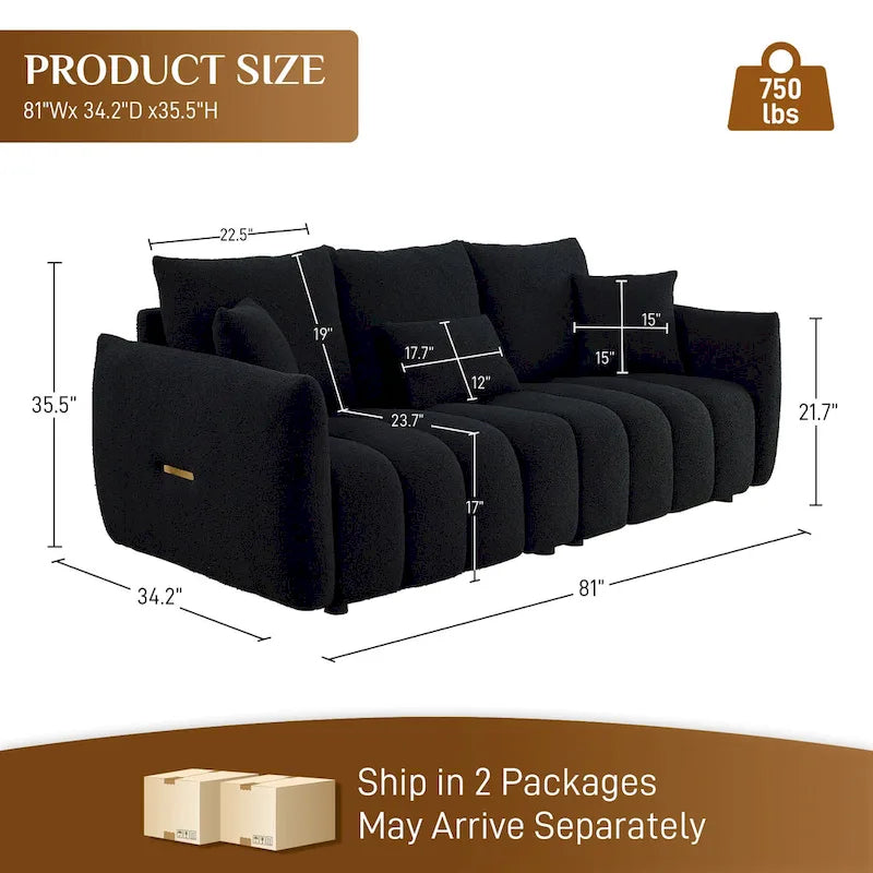 Canapé profond en tissu surchargé avec 3 coussins décoratifs, canapé de salon rembourré en peluche