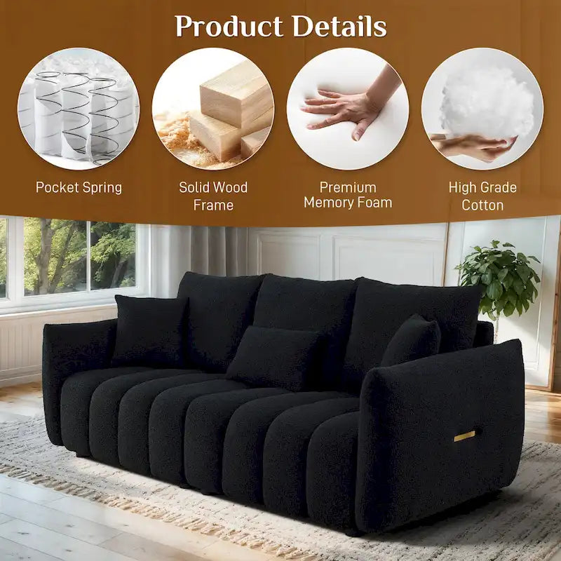 Canapé profond en tissu surchargé avec 3 coussins décoratifs, canapé de salon rembourré en peluche