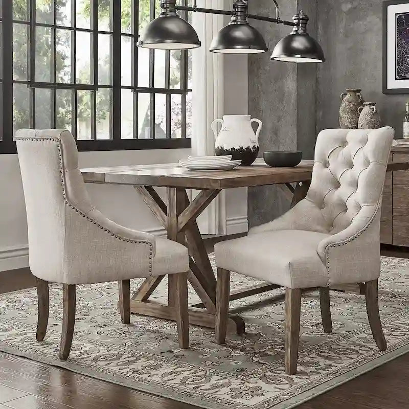 Lot de 2 chaises de salle à manger avec dossier incurvé, assise en tissu rembourré et pieds en bois